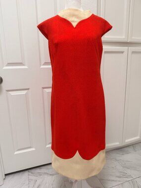 Vintage Colorblock Red/Orange & Cream Cap Sleeve Dress (Size Medium)